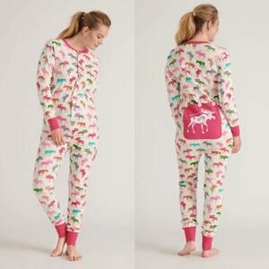Hatley Little Blue House Moose Patterned Adult Onesie Pajama w/ Bum Flap M